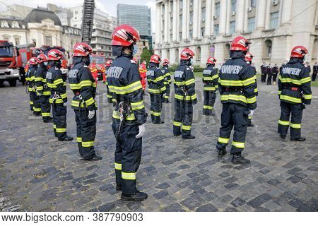 Bucharest, Romania - September 14, 2020: Romanian Firefighters Take Part At An Outdoors Event.