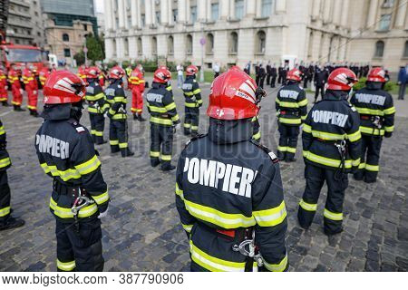 Bucharest, Romania - September 14, 2020: Romanian Firefighters Take Part At An Outdoors Event.