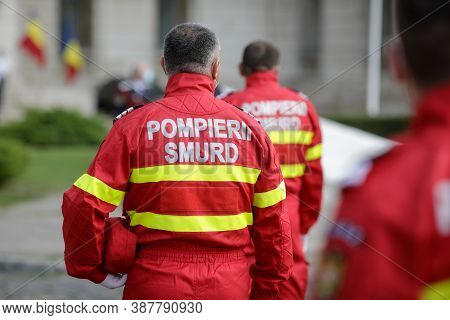Bucharest, Romania - September 14, 2020: Romanian Firefighters Take Part At An Outdoors Event.