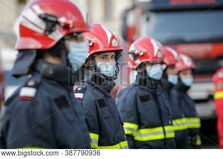 Bucharest, Romania - September 14, 2020: Romanian Firefighters Take Part At An Outdoors Event.
