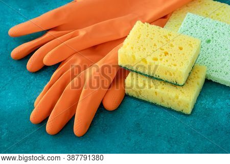 Rubber Gloves With Colorful Kitchen Sponges, Housekeeping. Cleaning Service Concept, Housework. Dish