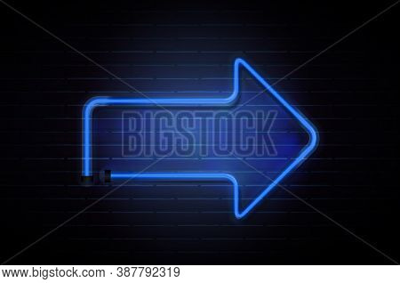 Arrow Glowing Neon Bliue Tubes On Dark Brick Wall  Background. Vector Illustration
