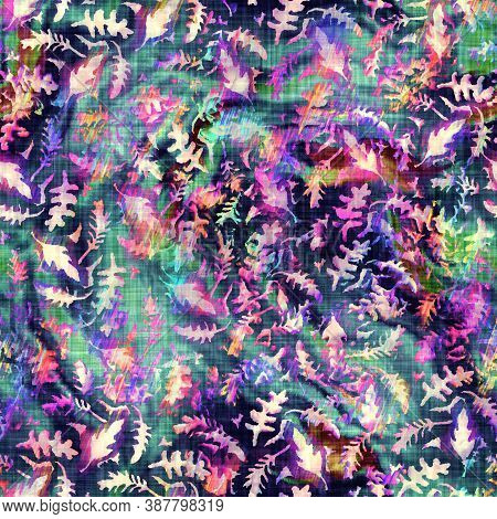 Blurry Rainbow Glitch Artistic Foliage Texture Background. Irregular Bleeding Watercolor Tie Dye Sea