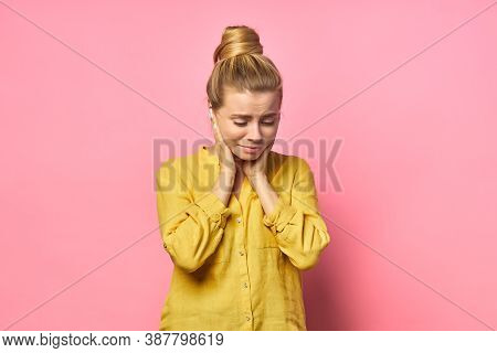 Emotional Pretty Young Female Stares At Camera With Eyes Popped Out, Looks With Bated Breath, Doesn 