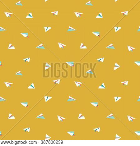 Origami Paper Planes Flying. Bright Colorful Seamless Vector Pattern. Small White Planes On Yellow B