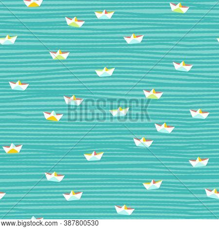 Cute Small Paper Boats Seamless Vector Pattern. Colorful Small Scale Summmer Design With White Hand 