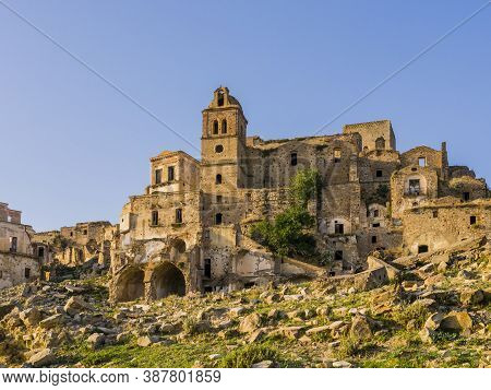 Stunning View Of Craco Ruins, Ghost Town Abandoned After A Landslide, Basilicata Region, Southern It