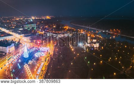 Gomel, Belarus. Main Christmas Tree And Festive Illumination On Square In Homel. New Year In Belarus