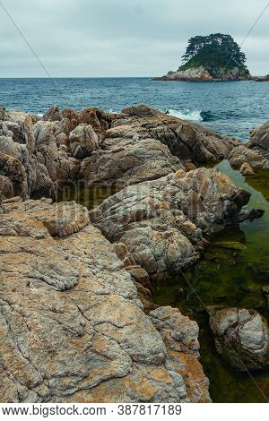 Rock And Sea With An Island In The Background, Sea Rocky Coastline Telyakovsky Bay Primorsky Krai Ru