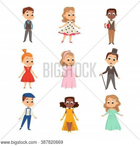Cute Kids In Elegant Clothes Set, Cute Boys And Girls Wearing Retro Clothes Cartoon Style Vector Ill