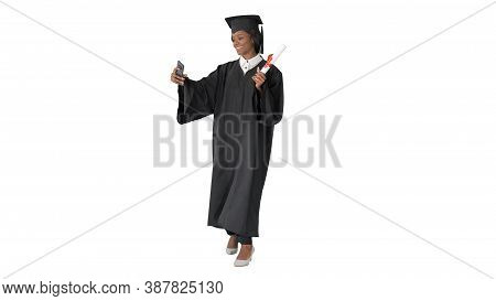 Smiling African American Female Graduate Making Selfie With Dipl