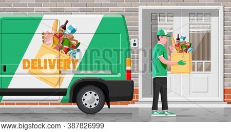 Delivery Van Full Of Food And Courier. Concept Of Fast Grocery Delivery Service. Supermarket, Cafe, 