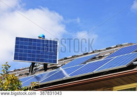 Solar Panel(solar Cell) With The Cloud On Sky, Solar Energy Panel Photovoltaic Cell, Hot Climate Cau