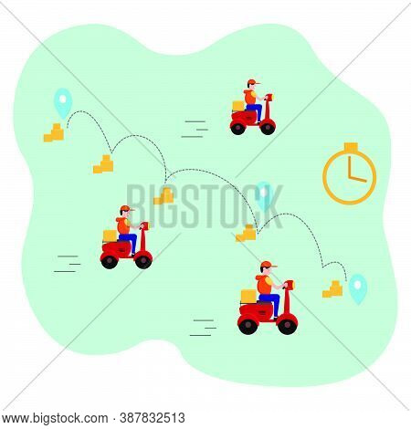 Fast Delivery By Motorcycle Or Scooter. Couriers Quickly Deliver The Goods To The Buyer. Food Servic