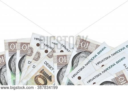 10 Croatian Kuna Bills Lies On Bottom Side Of Screen Isolated On White Background With Copy Space. B