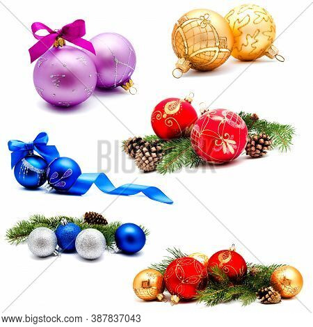 Collection Of Photos Christmas Decoration Gold Red Blue Silver Balls With Fir Cones And Fir Tree Bra
