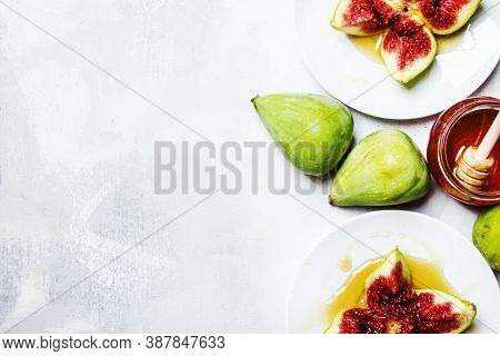 Sweet Fresh Green Figs With Honey, Summer Dessert, Gray Stone Background, Top View