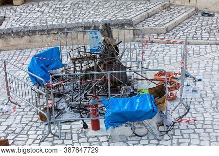 Matera, Italy - September 14, 2019: Bond 25, Scenography Elements Used For Explosion And Fire Scenes