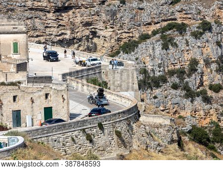 Matera, Italy - September 15, 2019: Bond 25, Aston Martin Db5 While Filming Chase Scenes Through The