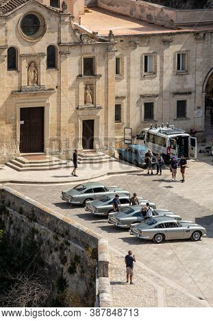 Matera, Italy - September 15, 2019: Bond 25, Aston Martin Db5 Cars Prepared To Shoot Chase Scenes Fr