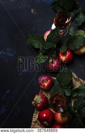 French Apple Brandy Or Calvados, Dark Drink Autumn Background, Top View