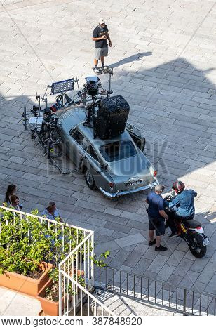 Matera, Italy - September 15, 2019: Bond 25, Aston Martin Db5 Equipped With All Equipment For Shooti