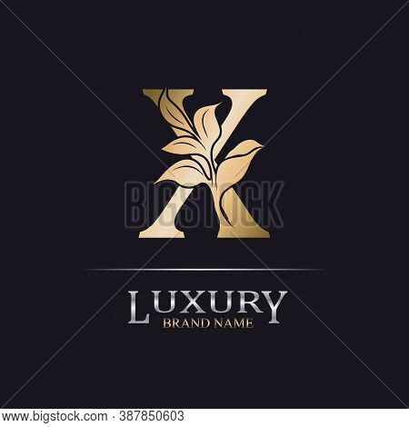 Golden Initial Letter X. Elegant Design Letter X With Floral Branch. Luxury Gold Logo Icon. Vintage 