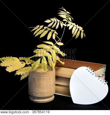 Yellow Rowan Leaves, Books And Heart-shaped Notepad. Black Background. Autumn Nature Eco Style