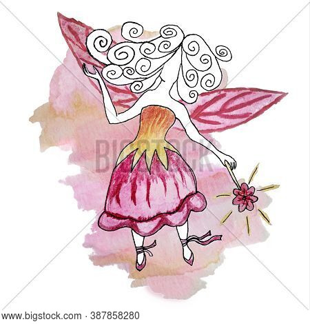 Watercolor Drawing Of A Faceless Fairy-princess In A Bellflower-dress With A Magic Wand In Her Hand 