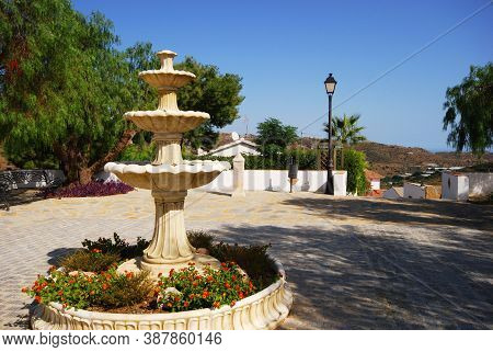 Fountain In A Small Plaza, Whitewashed Village (pueblo Blanco), Macharaviaya, Costa Del Sol, Malaga 