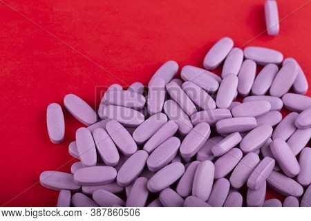 A Lot Of Pink Medicine Pills. Space For Text. Medicine Creative Concepts. Minimal Style With Colorfu