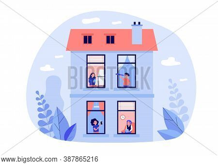 Neighbors Enjoying Leisure Time At Home. View Through Window, People Practicing Hobby Flat Vector Il