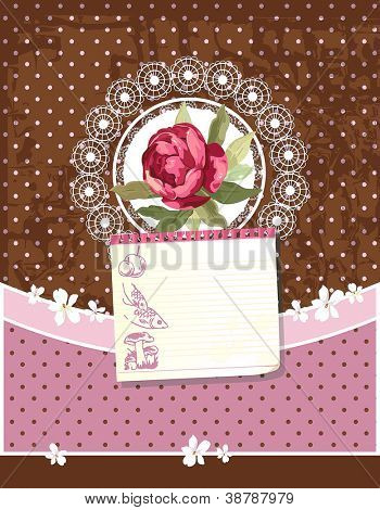 Vecchio retrò saluto carta pastello con etichetta. Arredamento retrò polka dot illustrazione.