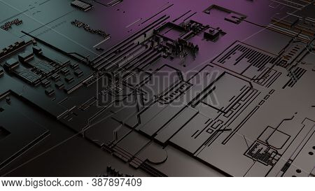 Close Up 3d Illustration Of Mother Board. Vivd Colors Pink And Blue. Modern And Trendy Technological
