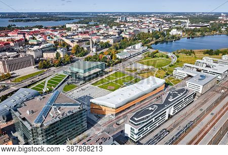 Aerial View Of The Autumn Helsinki Cityscape. Landmarks On The Picture: Oodi Library, Sibelius Acade