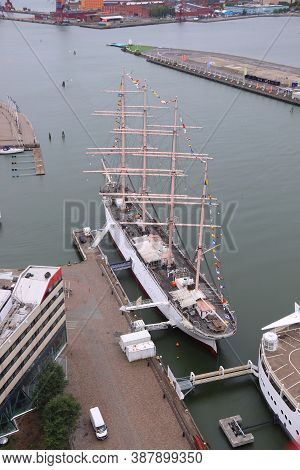 Gothenburg City In Sweden. Aerial View With Gota Alv River, Harbor And Museum Ship.