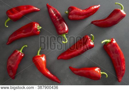 Fresh Ripe Red Capia Pepper, Hot Chili Pepper On Grey Rustic Table, Turkish Vegetable Spice Concept
