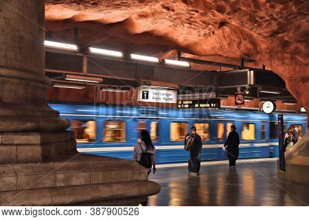 Stockholm, Sweden - August 24, 2018: People Ride Stockholm Metro (t-bana) In Sweden. Stockholm Metro