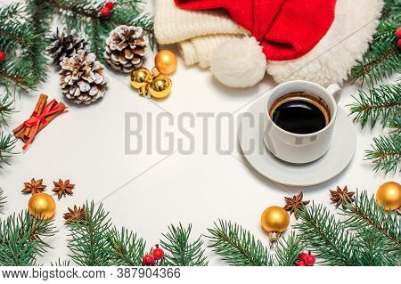 Christmas Composition Pastries, Cinnamon, Pine Cones On The Table,gold Ornaments On Fir Branches, Sa