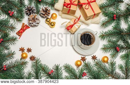 Christmas Composition Pastries, Cinnamon, Pine Cones On The Table,gold Ornaments On Fir Branches, Ne