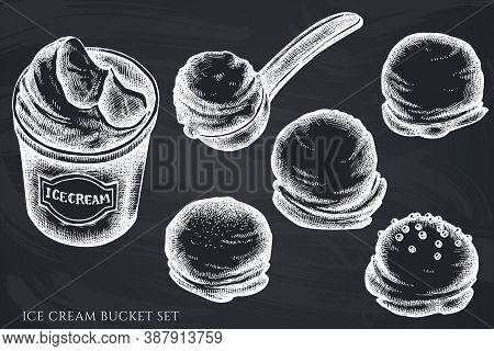 Vector Set Of Hand Drawn Chalk Ice Cream Bucket, Ice Cream Scoop, Ice Cream Balls Stock Illustration