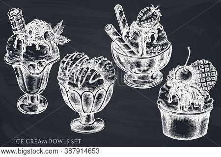 Vector Set Of Hand Drawn Chalk Ice Cream Bowls Stock Illustration
