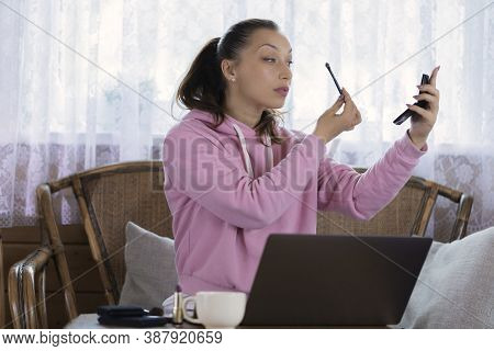 Young Cute Woman Beauty Blogger Shows Makeup Tricks Tips On Web Camera, Makeup Influencer Record Lif