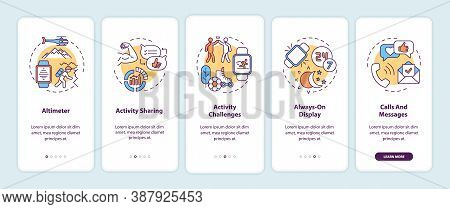 Smart Watch Features Onboarding Mobile App Page Screen With Concepts. Altimeter, Activity Challenges