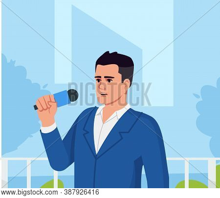 Reporter Semi Flat Vector Illustration. Television Professional Crew Member. Man Holding Microphone.