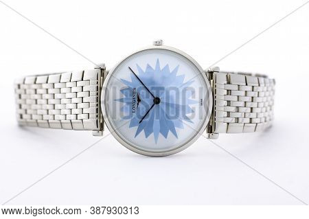 Paris, France 01.10.2020 - Longines Ladys Wrist Watch Isolated On White. Designer Blue Cornflower On