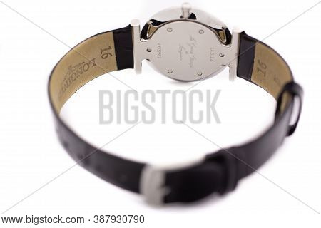 Paris, France 01.10.2020 - Longines Ladys Wrist Watch Isolated On White. Longines Brand Logo On Leat