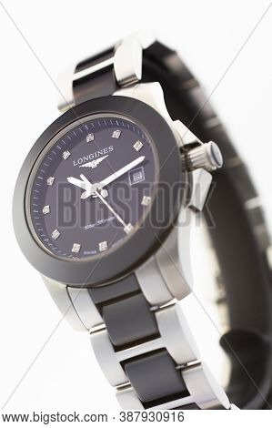 Paris, France 01.10.2020 - Longines Ladys Wrist Watch Isolated On White. Date Function Indicating 18
