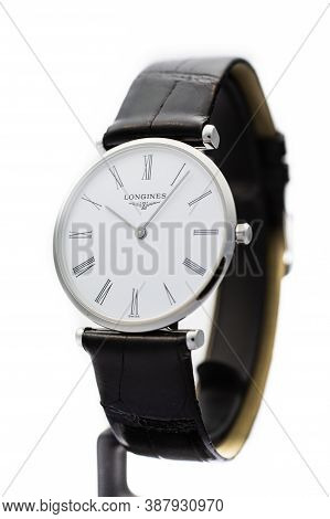 Paris, France 01.10.2020 - Longines Ladys Wrist Watch Isolated On White. Classic Watchmaking Design.