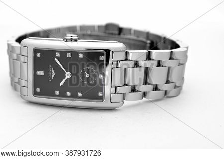 Rome, Italy 01.10.2020 - Longines Ladys Wrist Watch Isolated On White. Luxury Jewelry Watch With Dia
